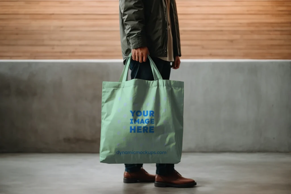 Man Holding Mint Tote Bag Mockup Side View Template