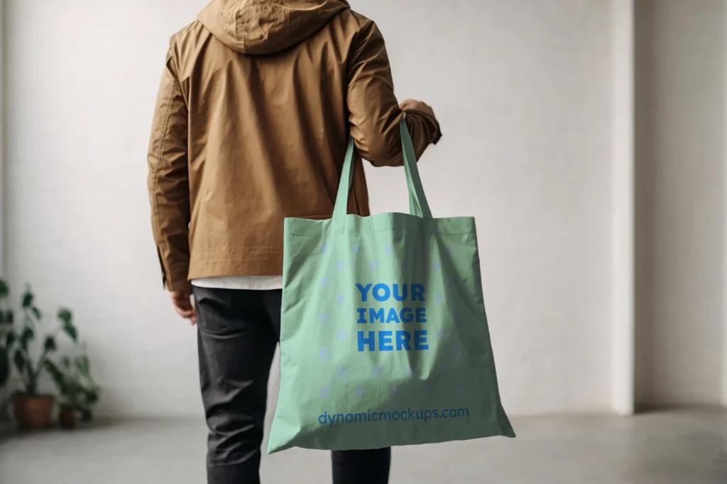 Man Holding Mint Tote Bag Mockup Back View Template