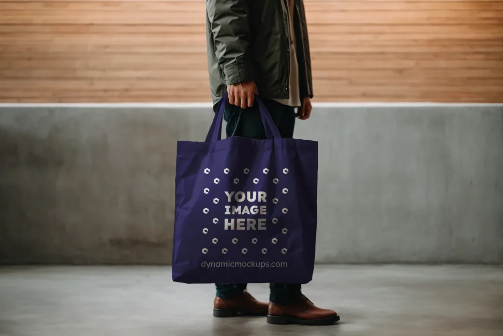 Man Holding Navy Blue Tote Bag Mockup Side View Template