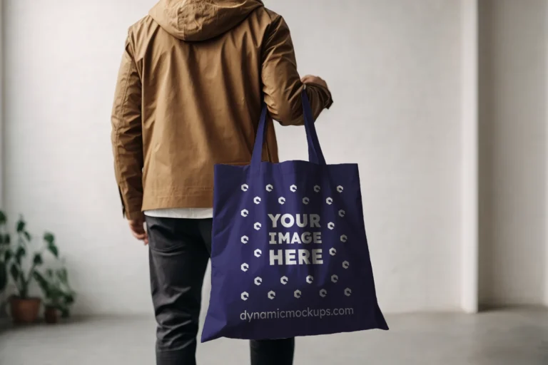 Man Holding Navy Blue Tote Bag Mockup Back View Template