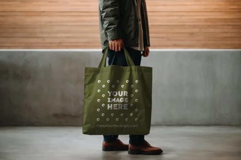 Man Holding Olive Green Tote Bag Mockup Side View Template