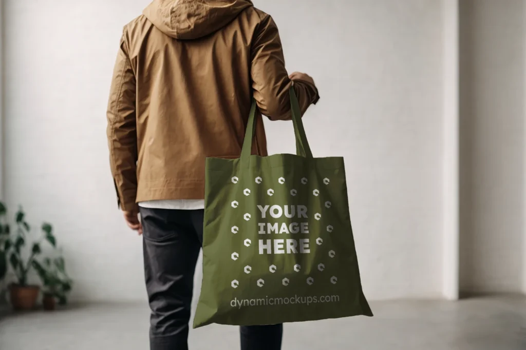 Man Holding Olive Green Tote Bag Mockup Back View Template