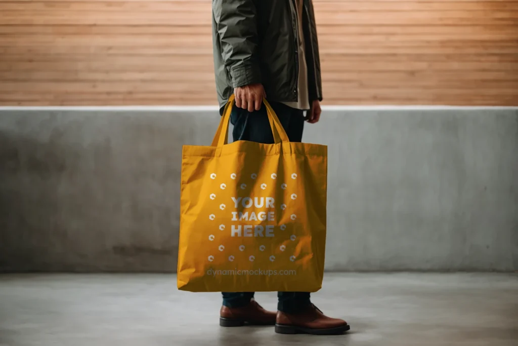 Man Holding Orange Tote Bag Mockup Side View Template