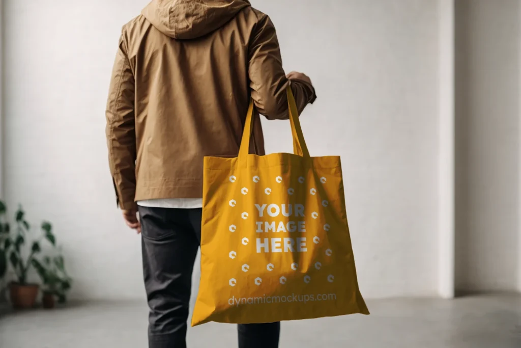 Man Holding Orange Tote Bag Mockup Back View Template