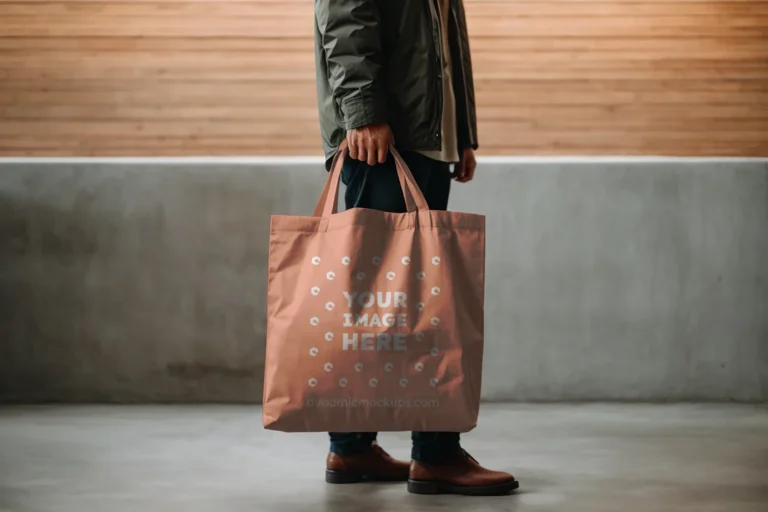 Man Holding Peach Tote Bag Mockup Side View Template