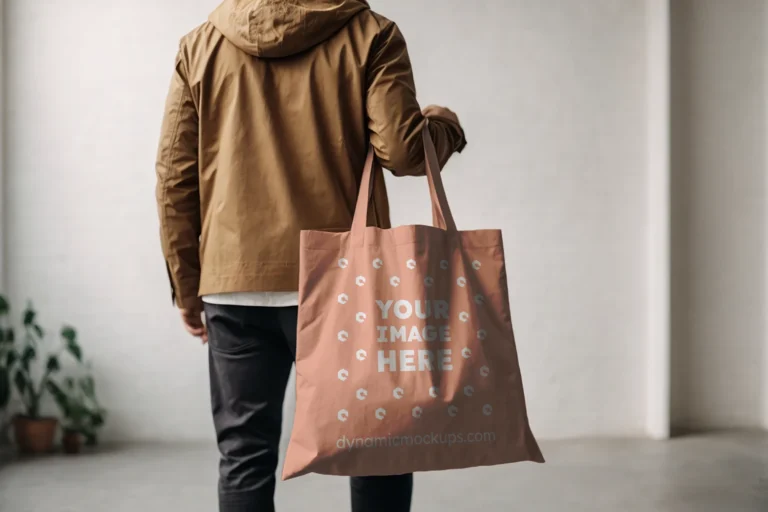 Man Holding Peach Tote Bag Mockup Back View Template