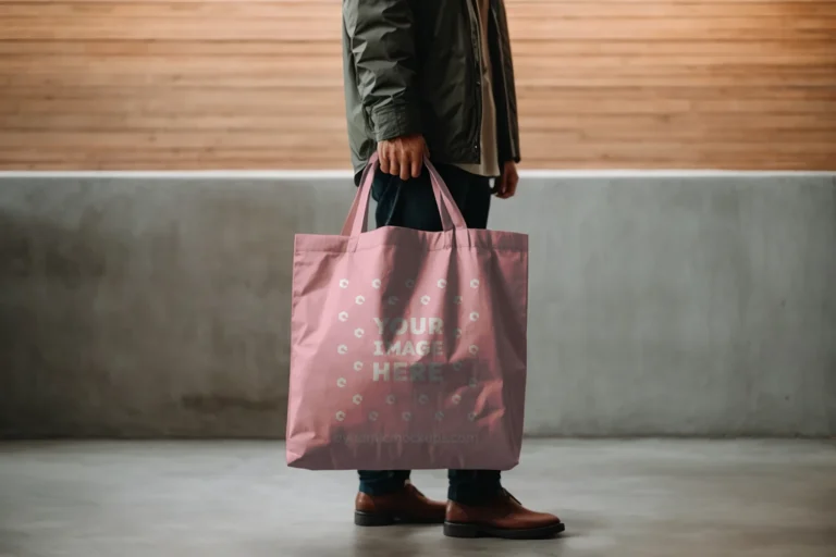 Man Holding Pink Tote Bag Mockup Side View Template