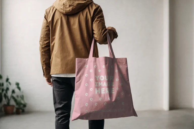 Man Holding Pink Tote Bag Mockup Back View Template