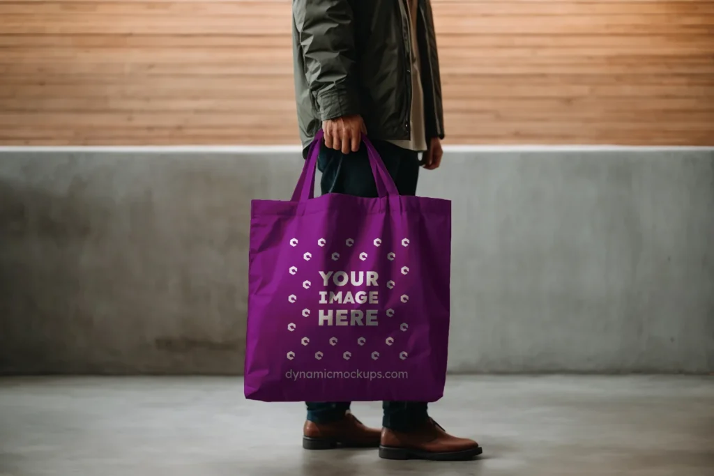 Man Holding Purple Tote Bag Mockup Side View Template