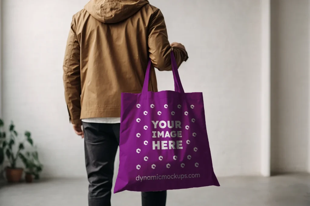 Man Holding Purple Tote Bag Mockup Back View Template