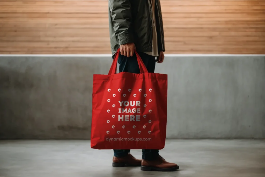 Man Holding Red Tote Bag Mockup Side View Template