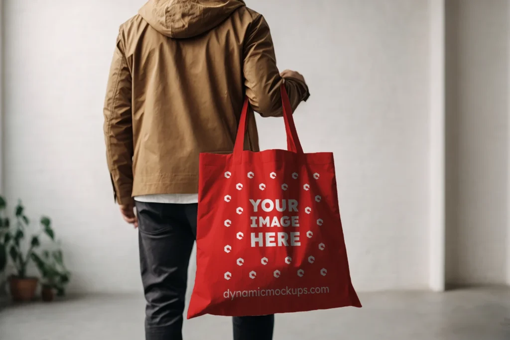 Man Holding Red Tote Bag Mockup Back View Template