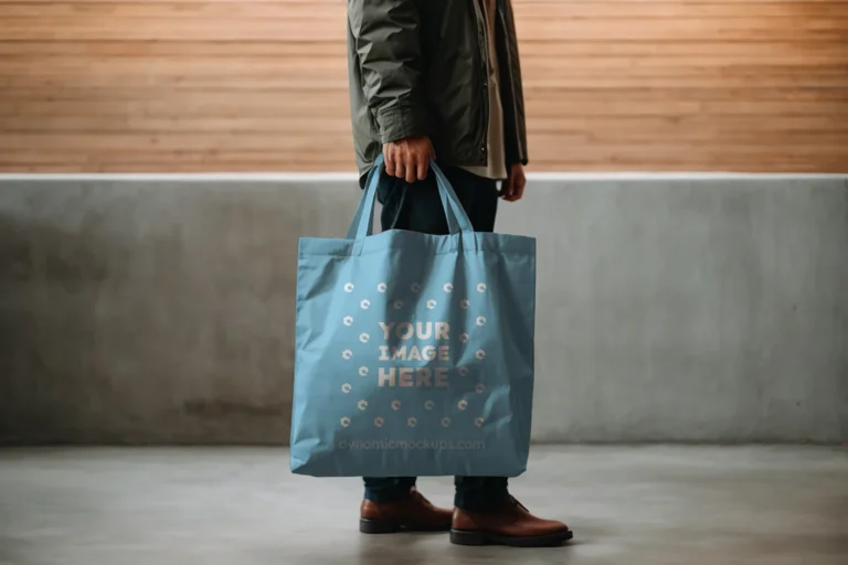 Man Holding Sky Blue Tote Bag Mockup Side View Template