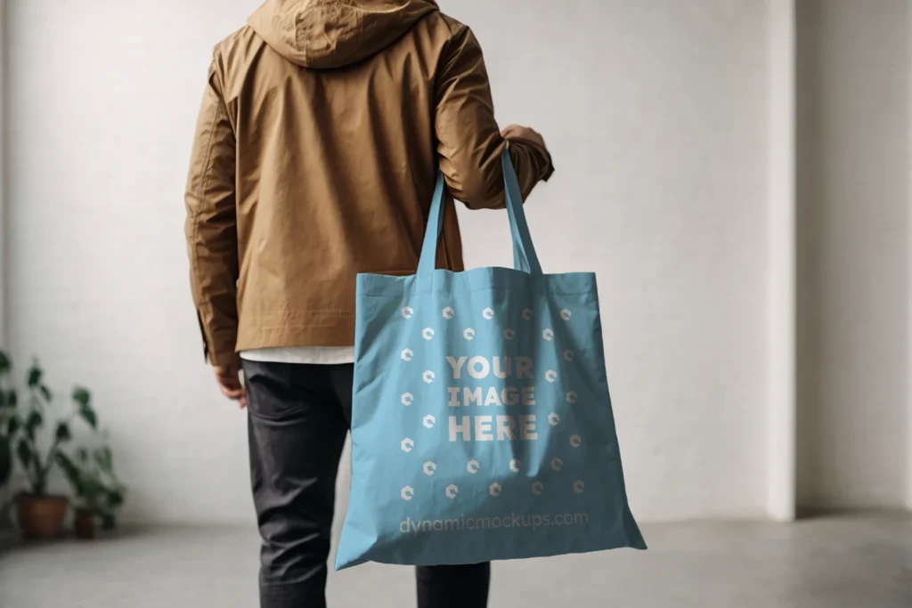 Man Holding Sky Blue Tote Bag Mockup Back View Template