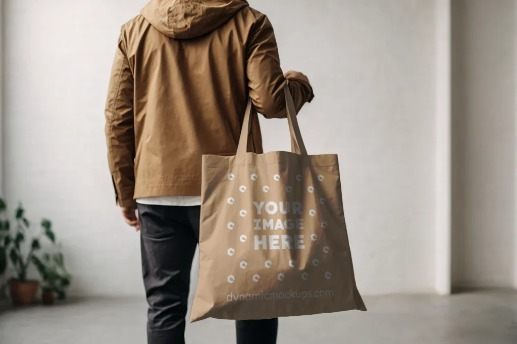 Man Holding Tan Tote Bag Mockup Back View Template