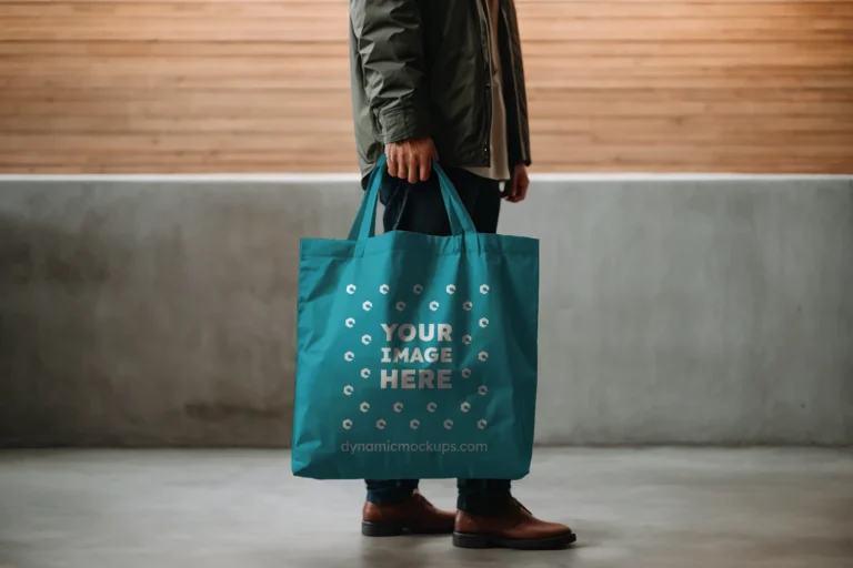 Man Holding Teal Tote Bag Mockup Side View Template