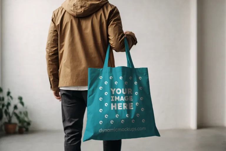 Man Holding Teal Tote Bag Mockup Back View Template