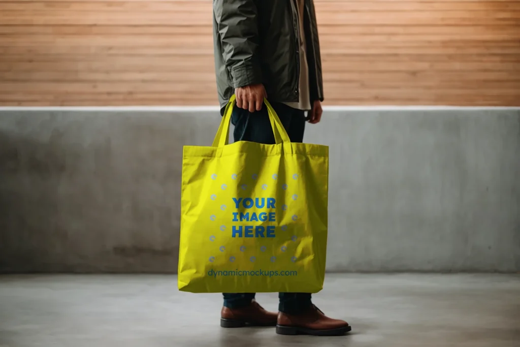 Man Holding Yellow Tote Bag Mockup Side View Template