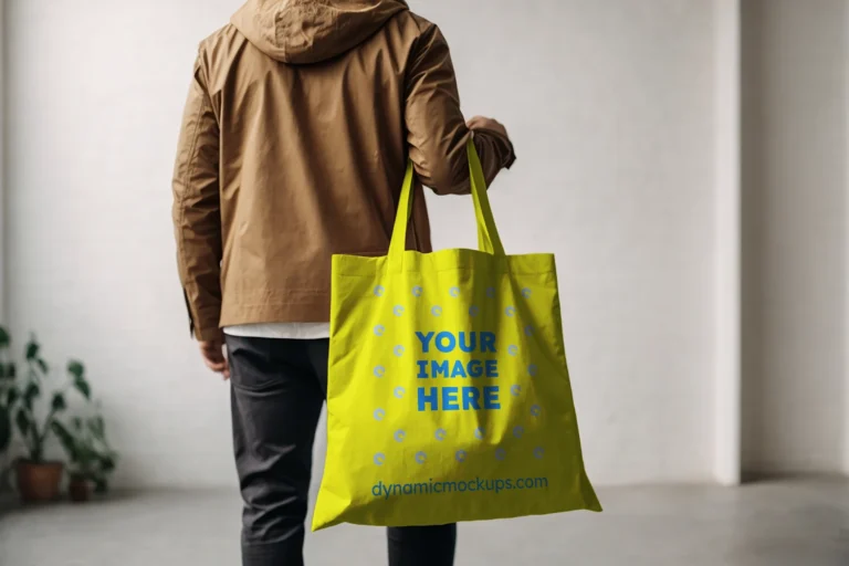 Man Holding Yellow Tote Bag Mockup Back View Template