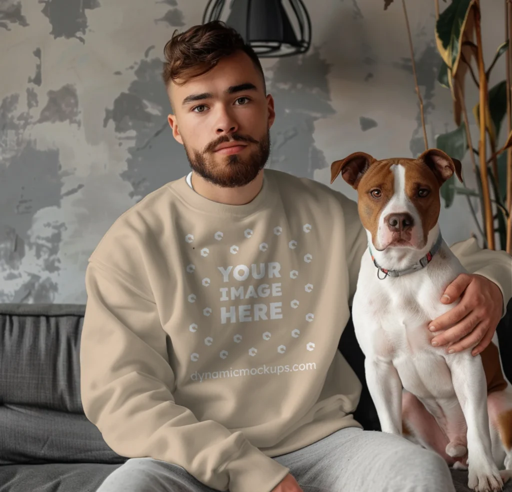 Man Wearing Beige Sweatshirt Mockup Front View Template