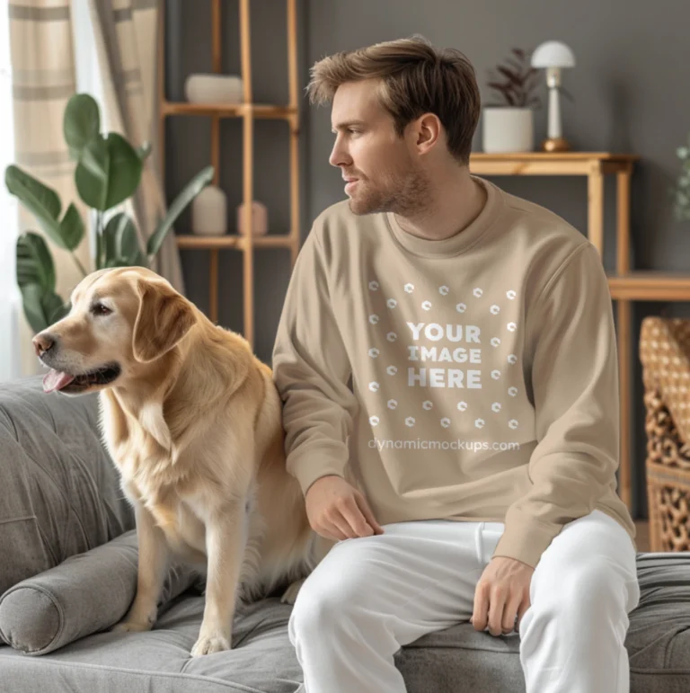 Man Wearing Beige Sweatshirt Mockup Front View Template