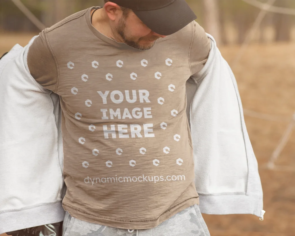 Man Wearing Beige Sweatshirt Mockup Front View Template