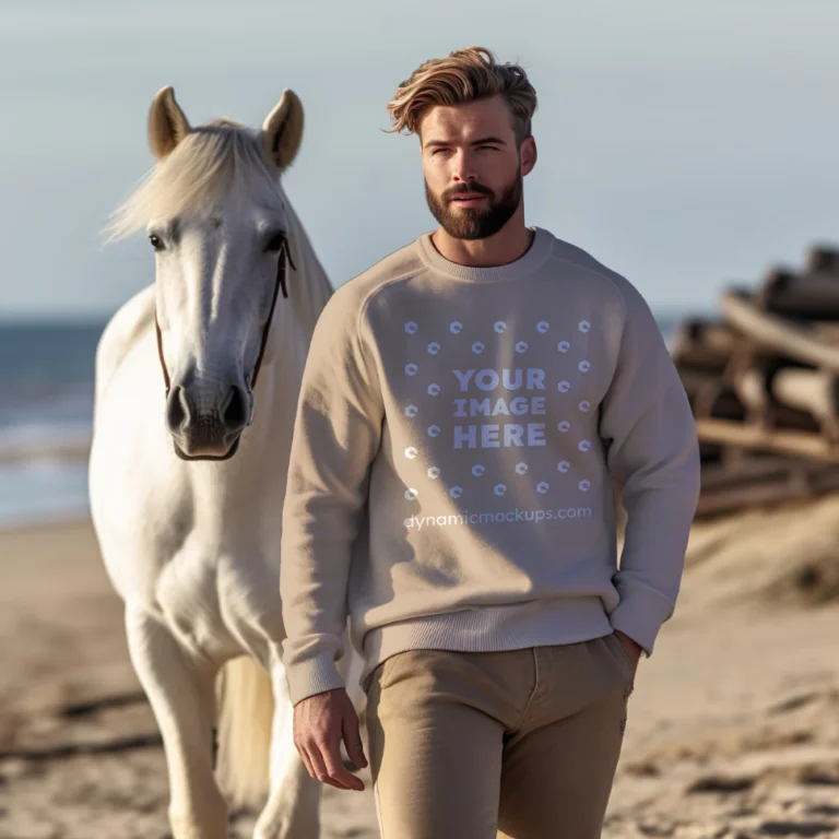 Man Wearing Beige Sweatshirt Mockup Front View Template