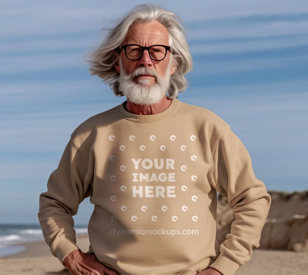 Man Wearing Beige Sweatshirt Mockup Front View Template