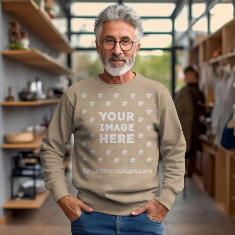 Man Wearing Beige Sweatshirt Mockup Front View Template