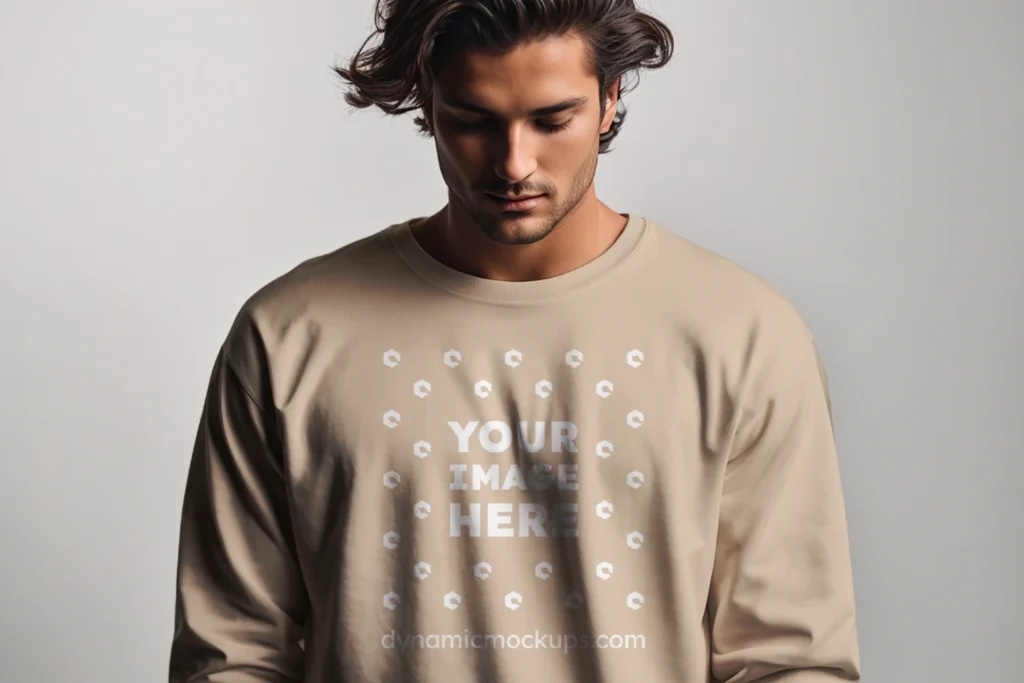 Man Wearing Beige Sweatshirt Mockup Front View Template