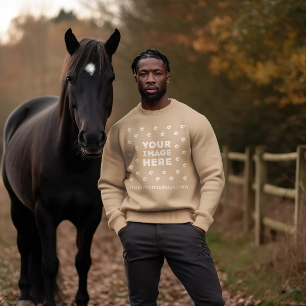 Man Wearing Beige Sweatshirt Mockup Front View Template