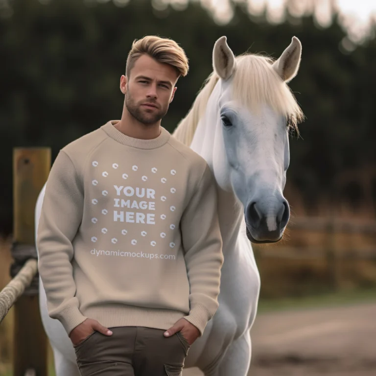 Man Wearing Beige Sweatshirt Mockup Front View Template