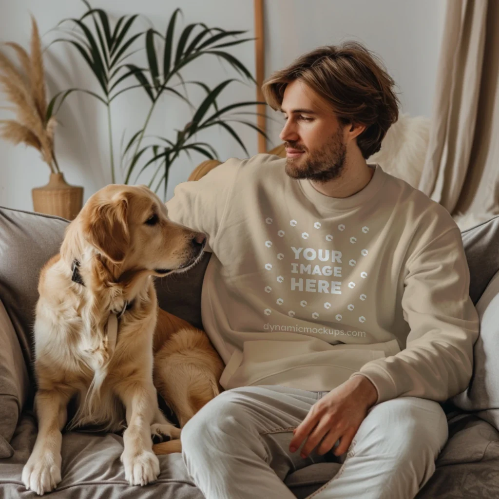 Man Wearing Beige Sweatshirt Mockup Front View Template