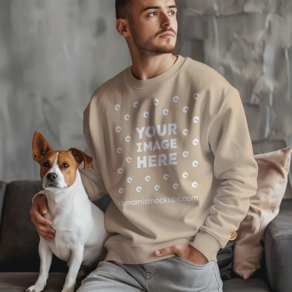 Man Wearing Beige Sweatshirt Mockup Front View Template