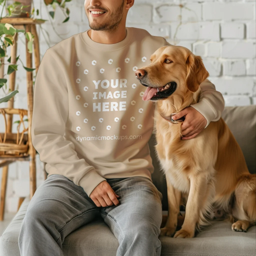 Man Wearing Beige Sweatshirt Mockup Front View Template