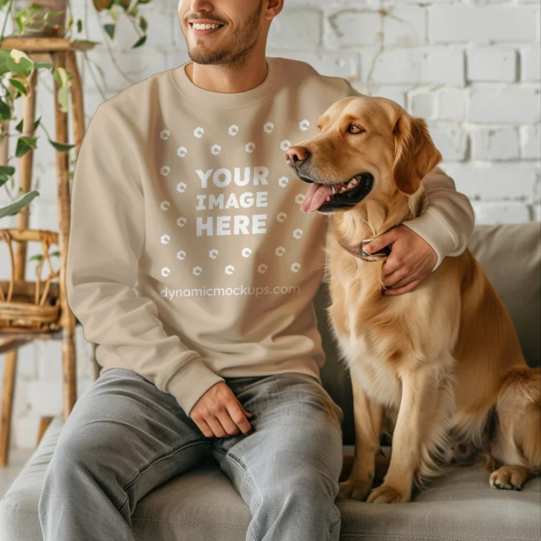 Man Wearing Beige Sweatshirt Mockup Front View Template