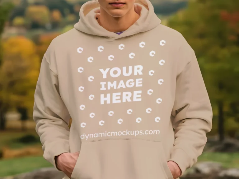 Man Wearing Beige Hoodie Mockup Front View Template