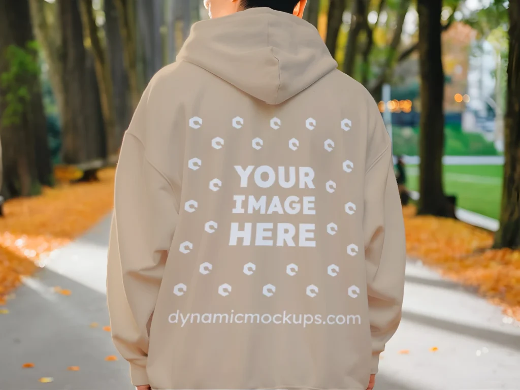 Man Wearing Beige Hoodie Mockup Back View Template