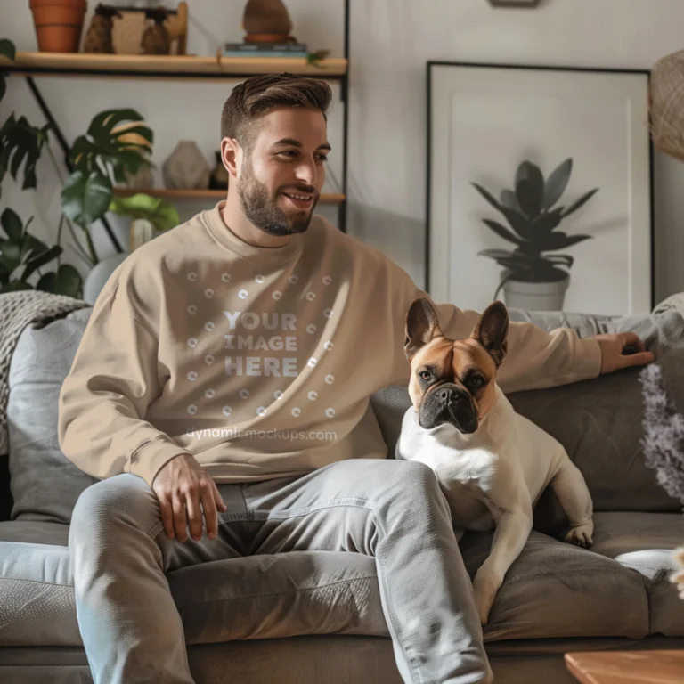 Man Wearing Beige Sweatshirt Mockup Front View Template