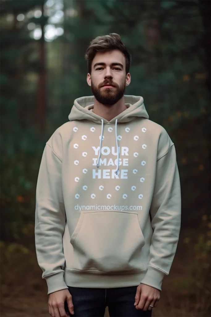 Man Wearing Beige Hoodie Mockup Front View Template