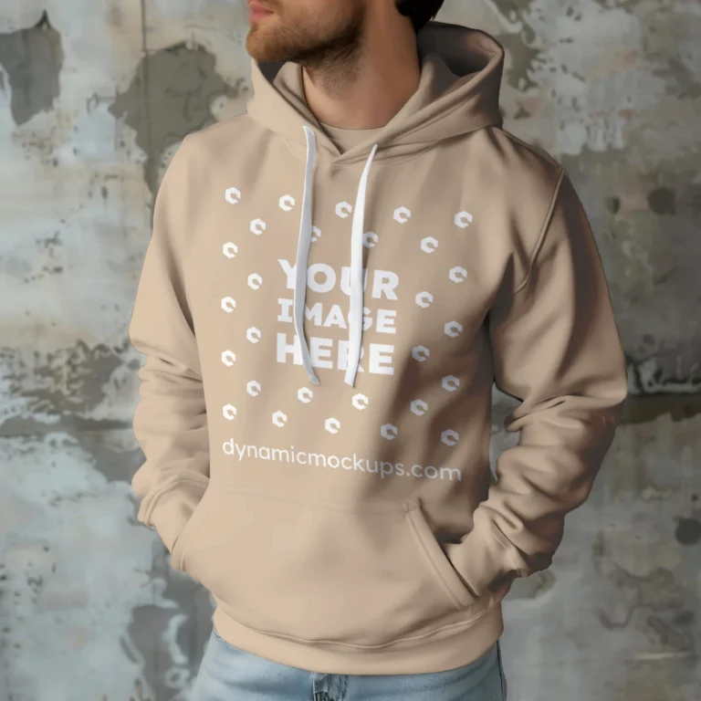 Man Wearing Beige Hoodie Mockup Front View Template