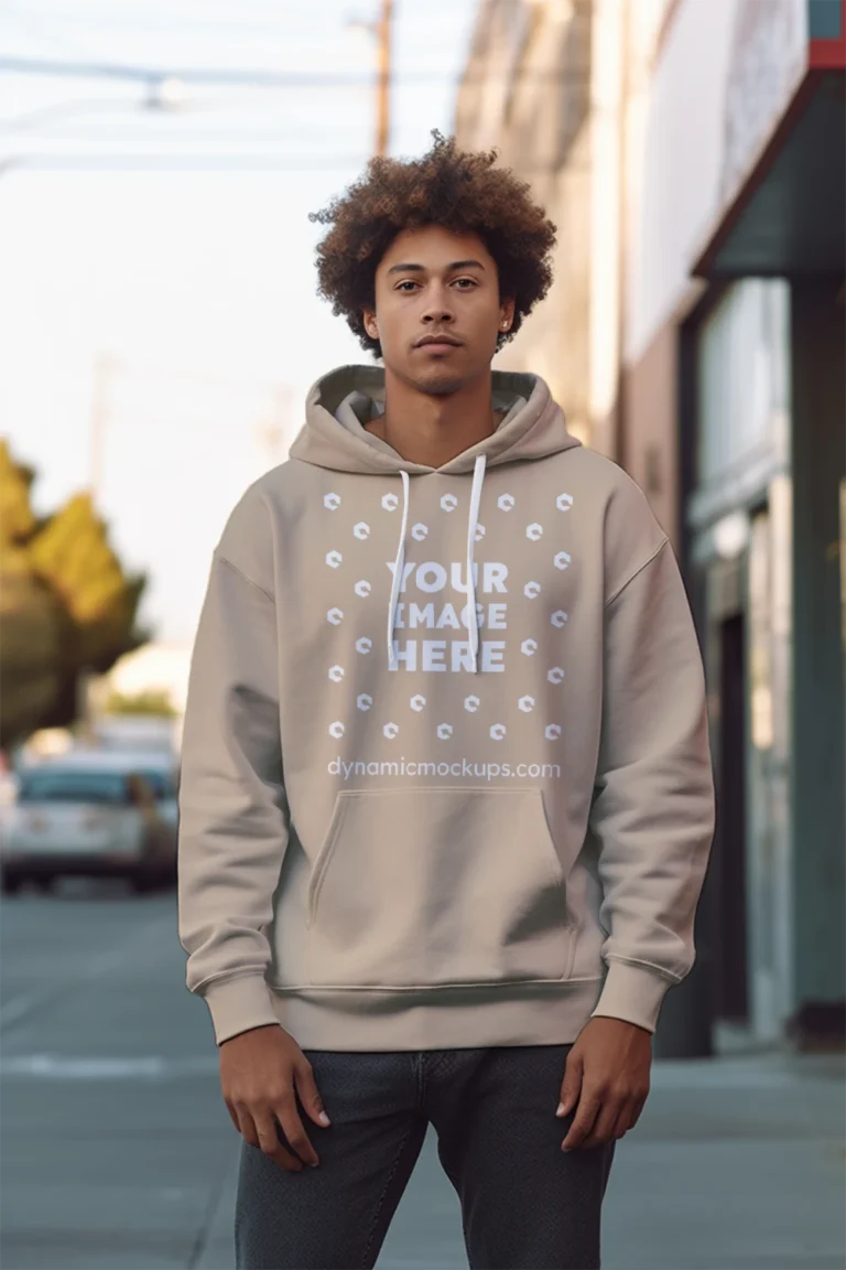 Man Wearing Beige Hoodie Mockup Front View Template