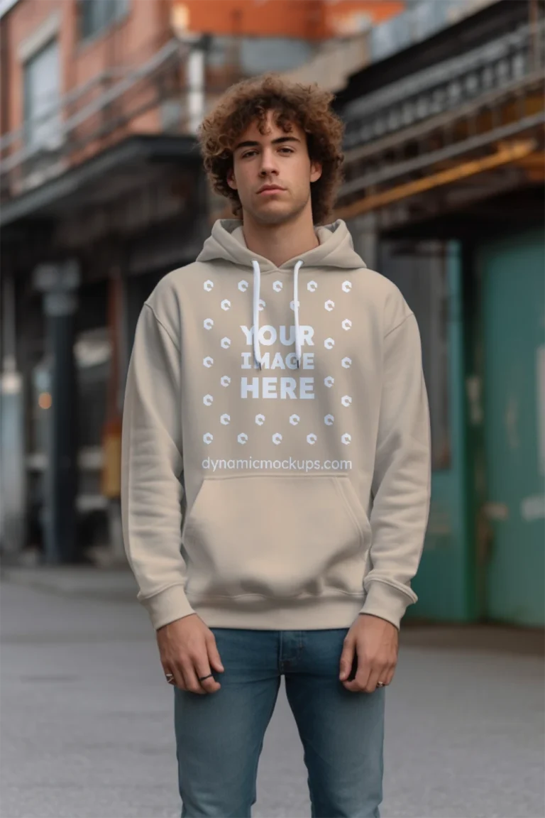 Man Wearing Beige Hoodie Mockup Front View Template