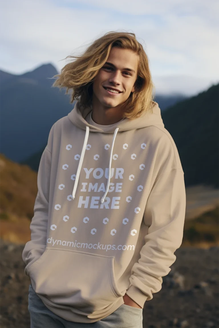 Man Wearing Beige Hoodie Mockup Front View Template