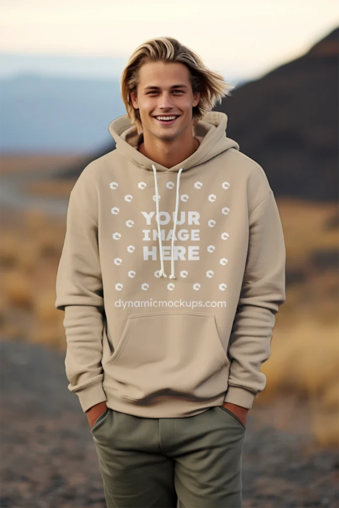 Man Wearing Beige Hoodie Mockup Front View Template