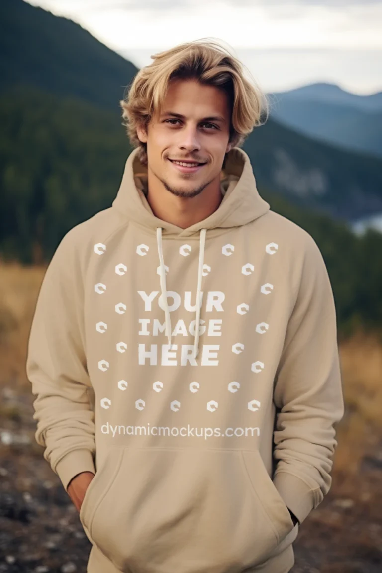 Man Wearing Beige Hoodie Mockup Front View Template