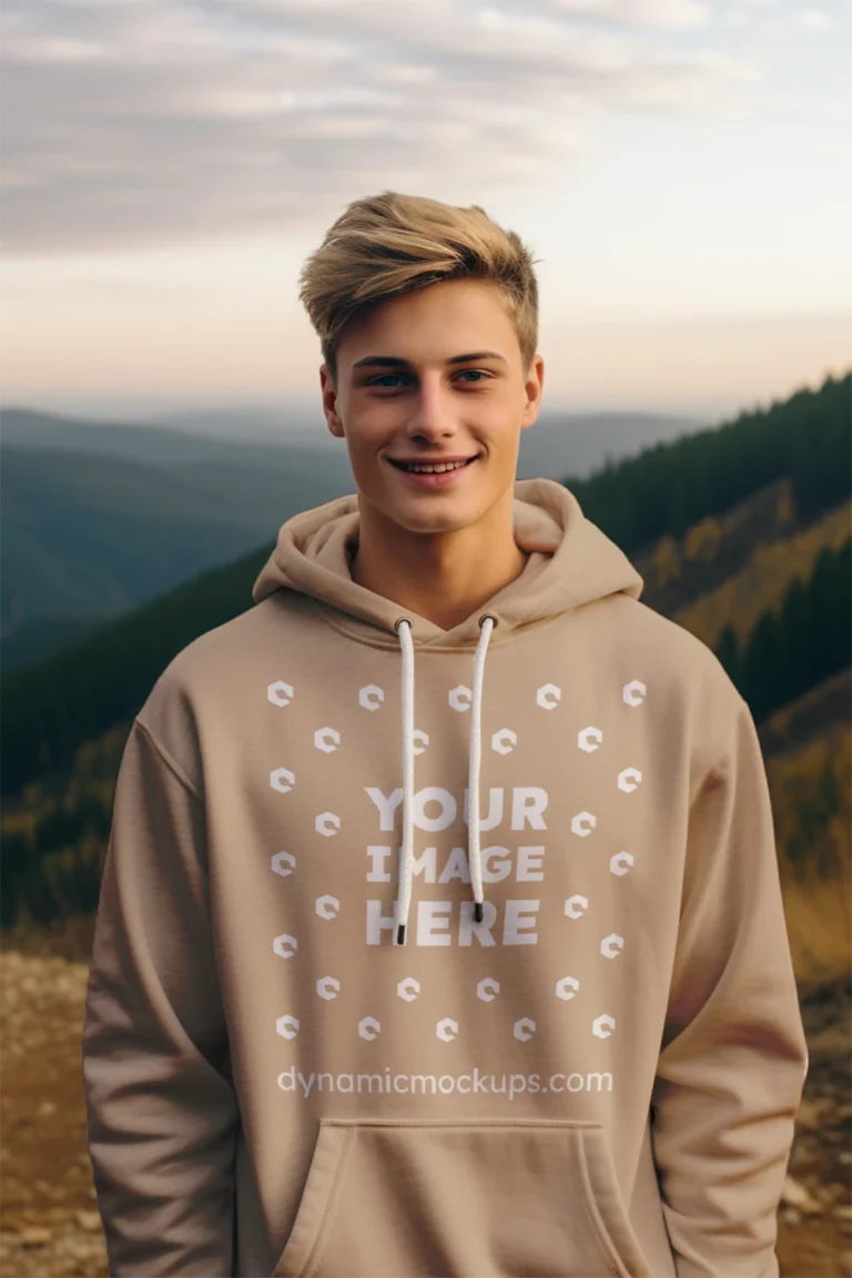 Man Wearing Beige Hoodie Mockup Front View Template