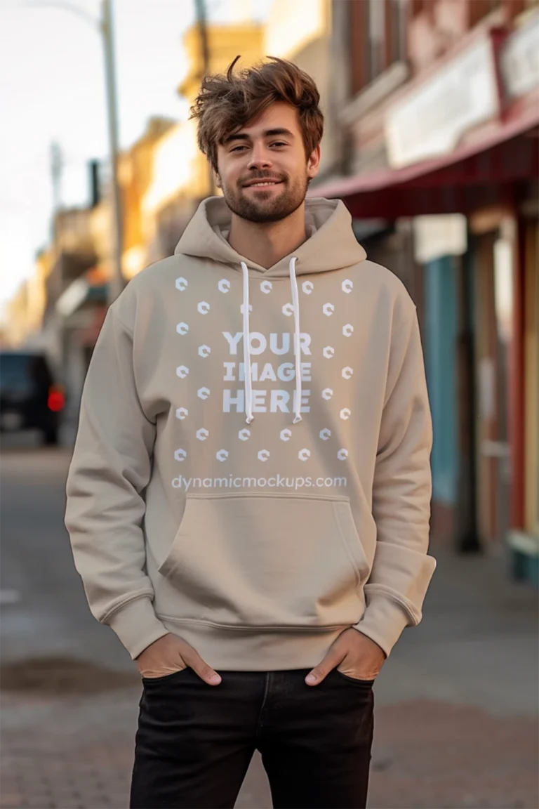 Man Wearing Beige Hoodie Mockup Front View Template