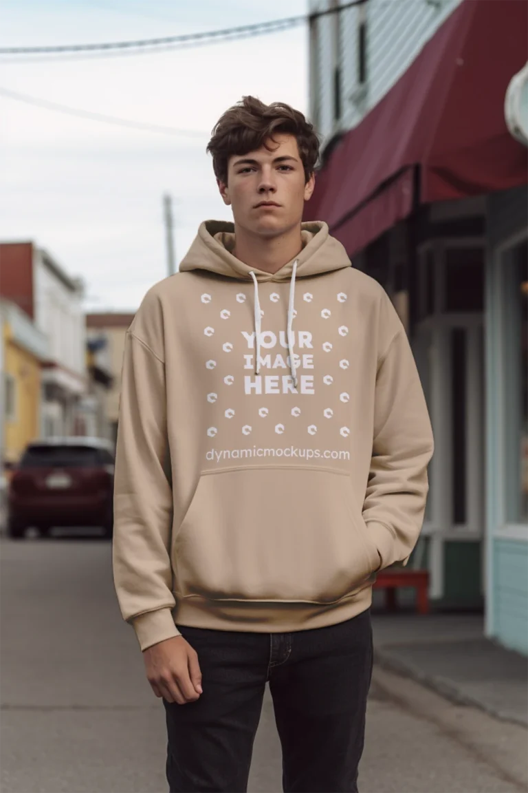 Man Wearing Beige Hoodie Mockup Front View Template