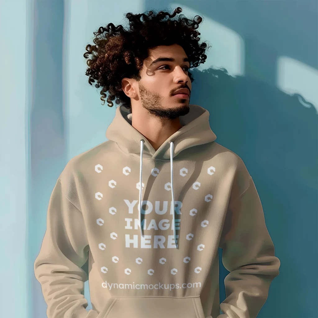 Man Wearing Beige Hoodie Mockup Front View Template